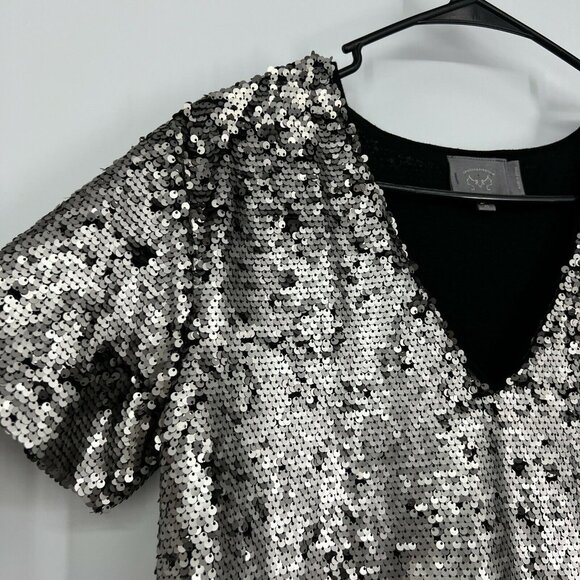 Anthropologie Vanessa Virginia Top Sequin V Neck Silver Black - Picture 6 of 11